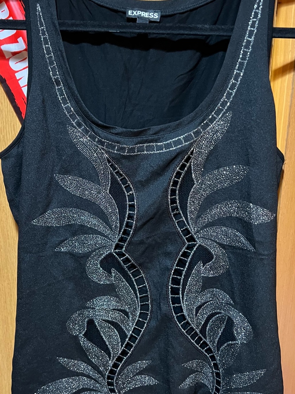 Express Black Tank Top with Silver Embellished Leaf Design